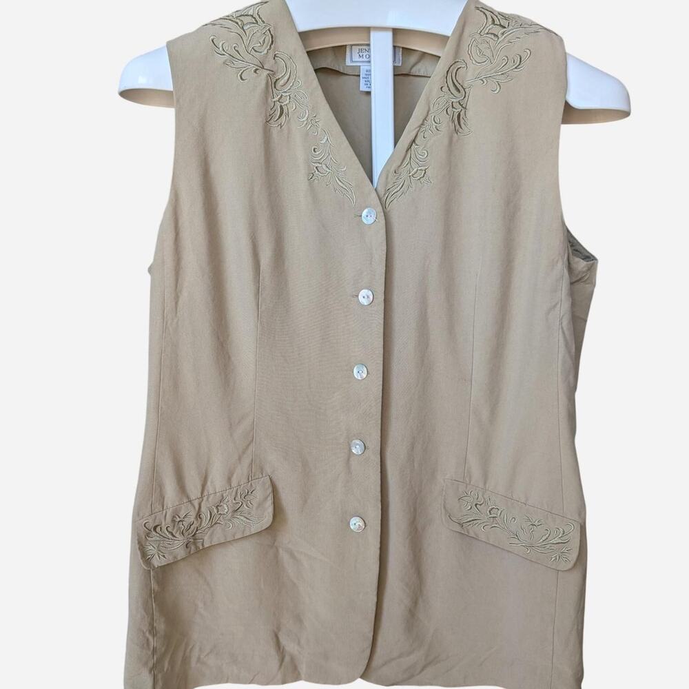Jennifer Moore Vintage 100% Silk Embroidered Vest Size 14 Beige Tan